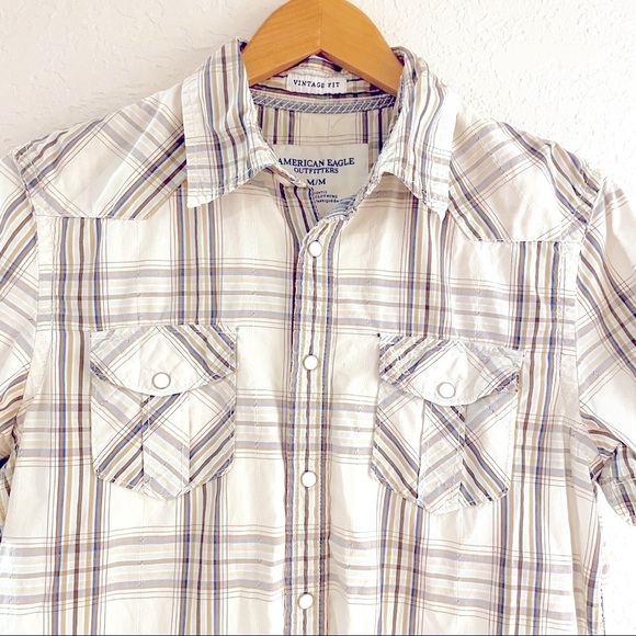 American Eagle Vintage Fit Pearl Snap Shirt Men's Size‎ M Beige Plaid - Picture 3 of 10